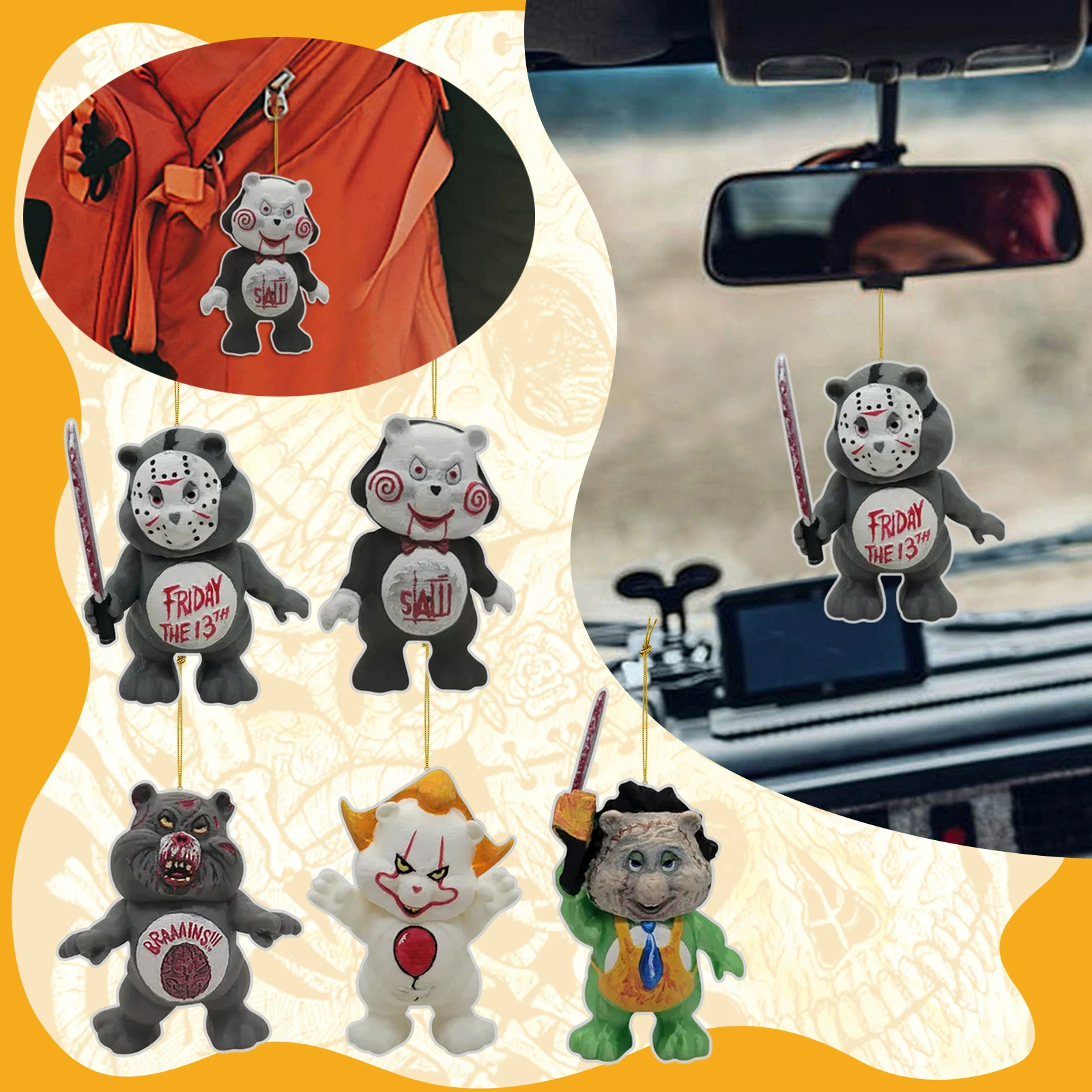 Фабрика прямых продаж трансграничные персонализированные декоративные подвески ужасы фигуры автомобиля заднего вида декоративные подвески рождественские украшения