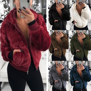 Foreign Trade Amazon wish European and American Autumn and Winter Popular Women's Hooded Bunny Fur Imitation Fur Plush Outwear for Women