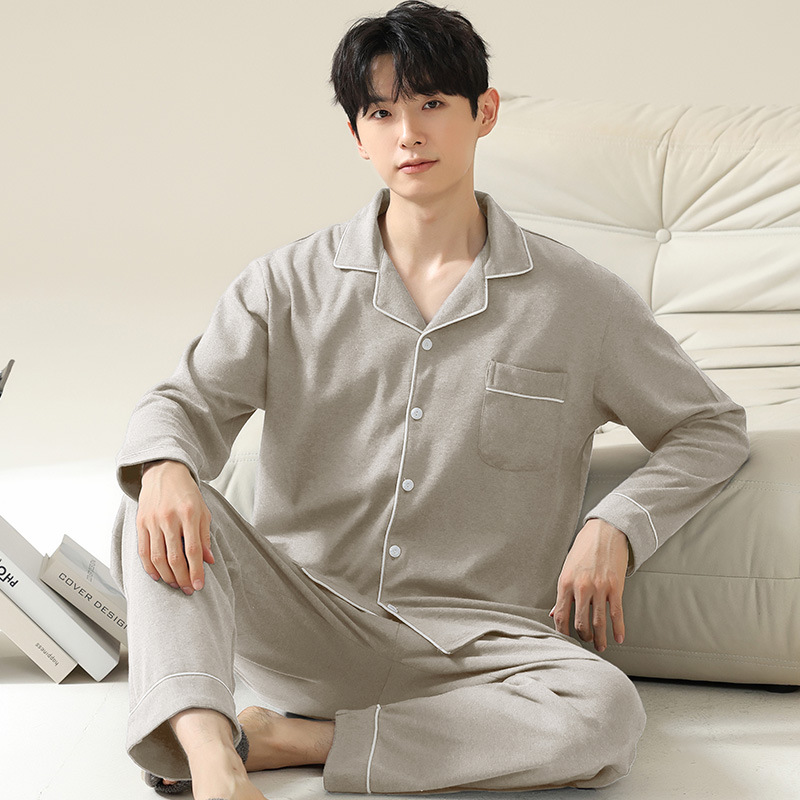 100% Cotton Pajamas Men's Spring and Autum Long-Sleeved Pants Lapel Cardigan Simple Casual Style Large Size Home Wear Set