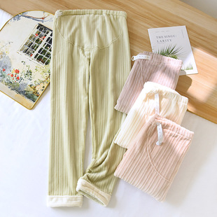 Autumn and Winter Flannel Pregnant Women's Abdominal Pants Pregnant plus size Pajama Pants Thickened Coral Fleece Pants Adjustable Warm Pants