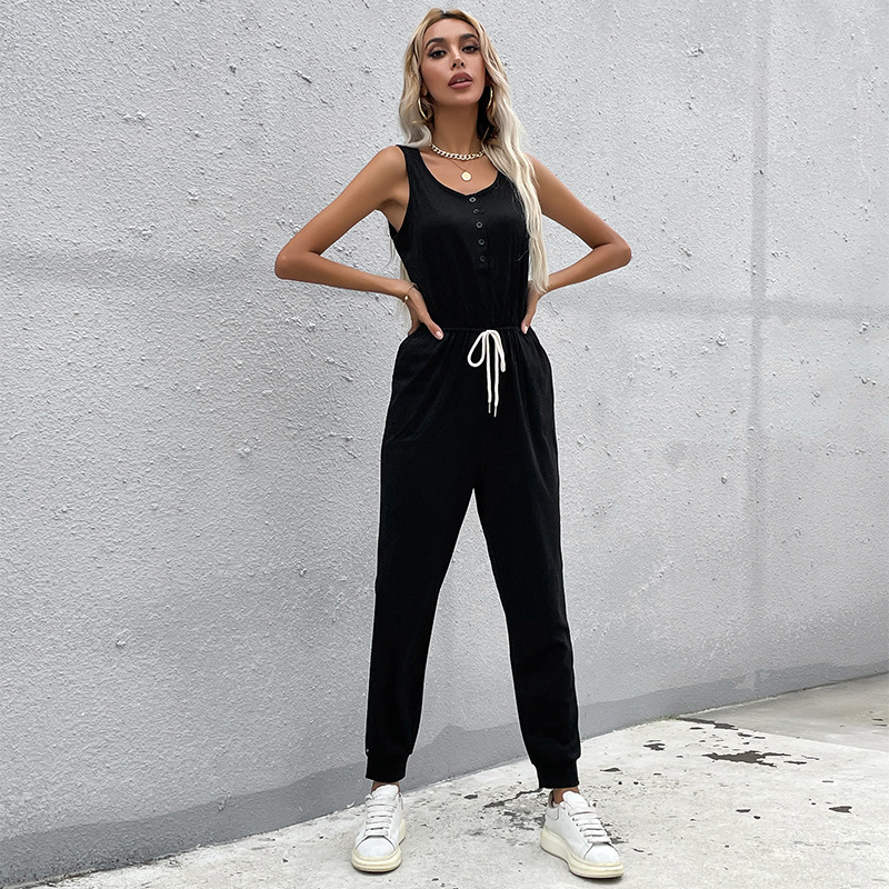 Black Suspender Buttoned Trousers Jumpsuit_voghion.com
