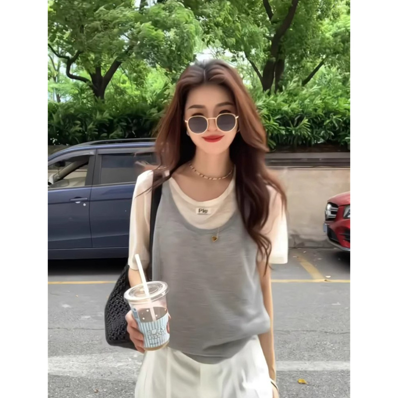 Korean Chic Chic Design Knitted Ice Silk Short-Sleeved T-Shirt for Women in Summer Unique and Super Nice Two-Piece Top