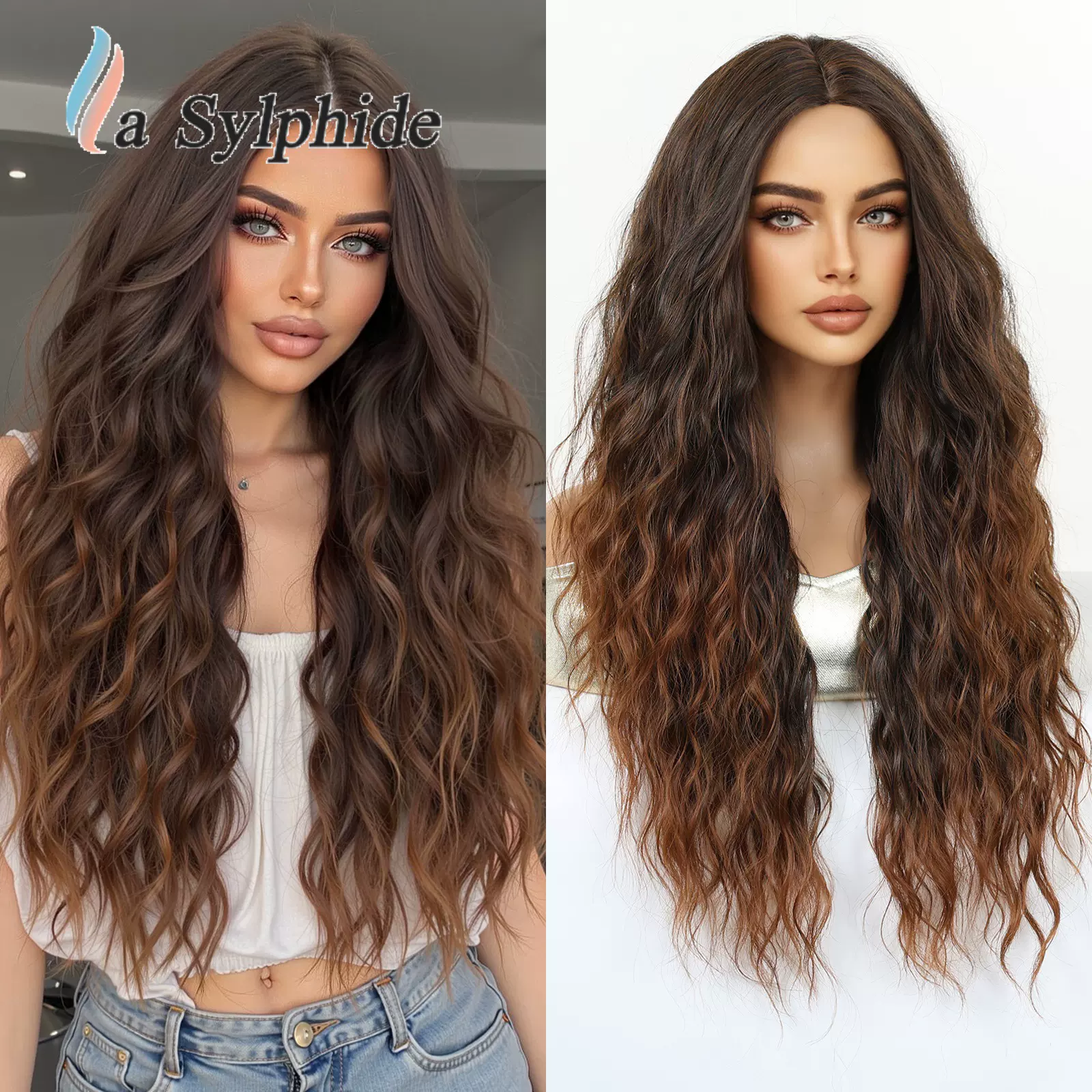 假发女全头套亚马逊辫子深棕色渐变中分长卷发高温丝化纤机制wigs