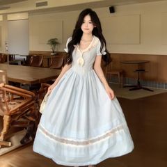 法式甜美学院风蝴蝶结条纹短袖连衣裙女夏季收腰显瘦泡泡袖