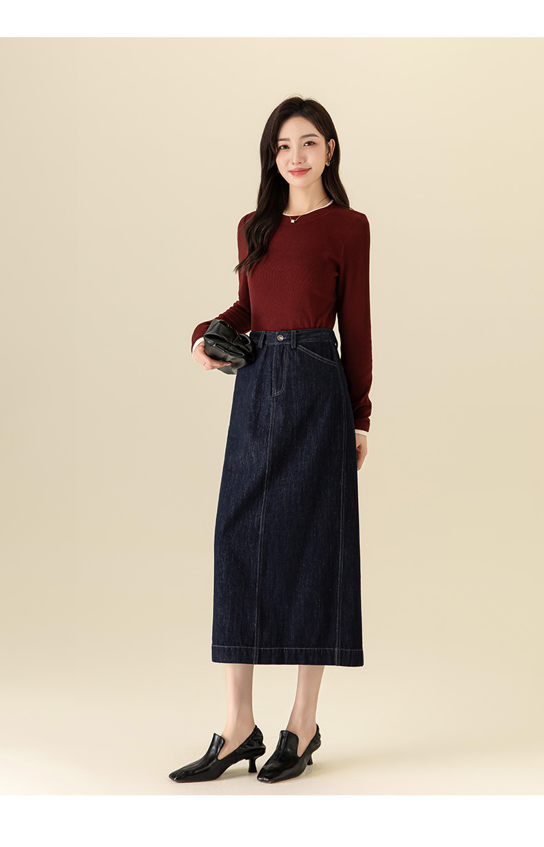 Chân váy jean nữ dài cạp cao co giãn dáng chữ A — Màu xanh denim chi tiết 27