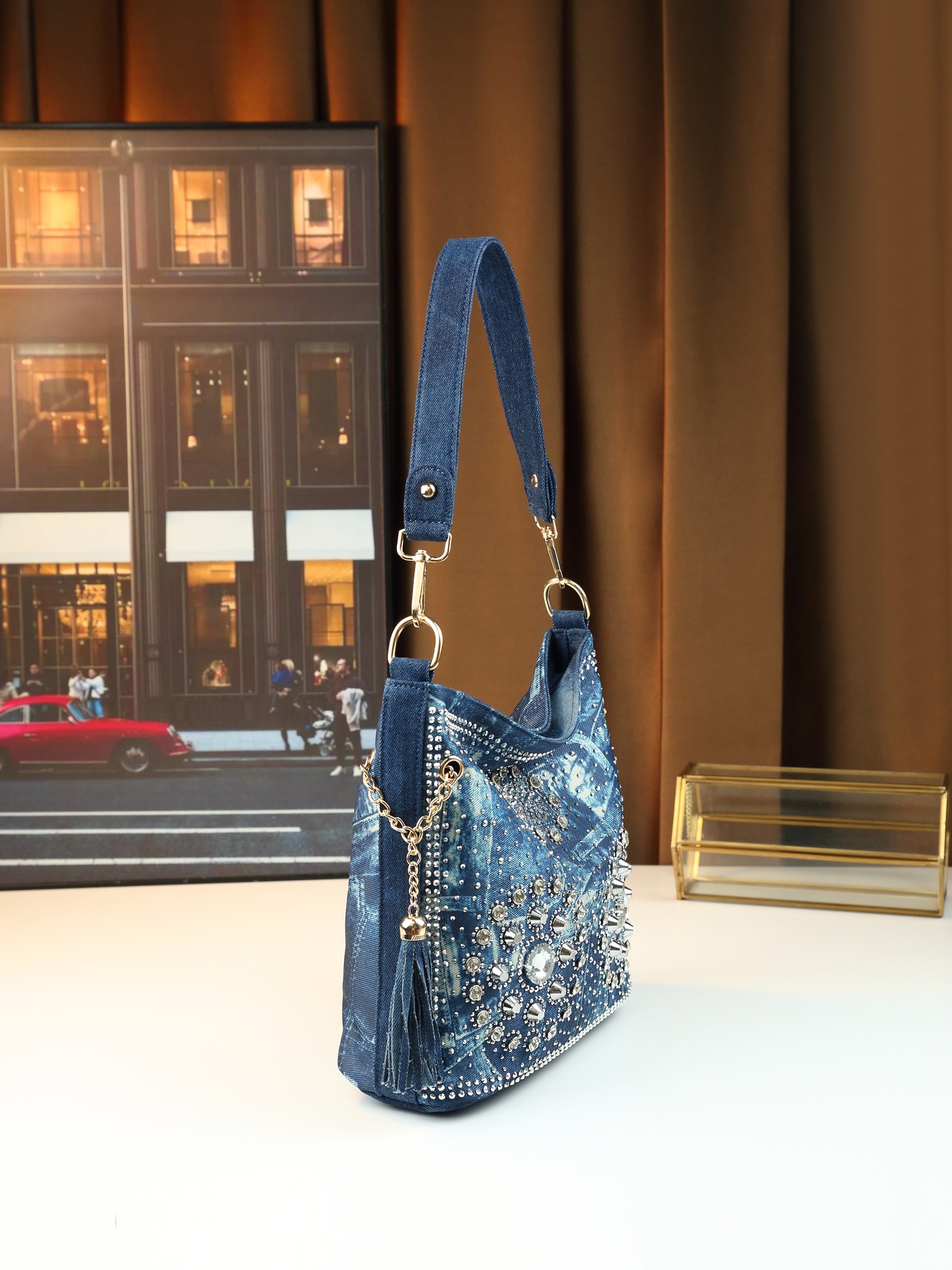 Borsa a spalla da donna in jeans con strass borsa a tracolla_voghion.com