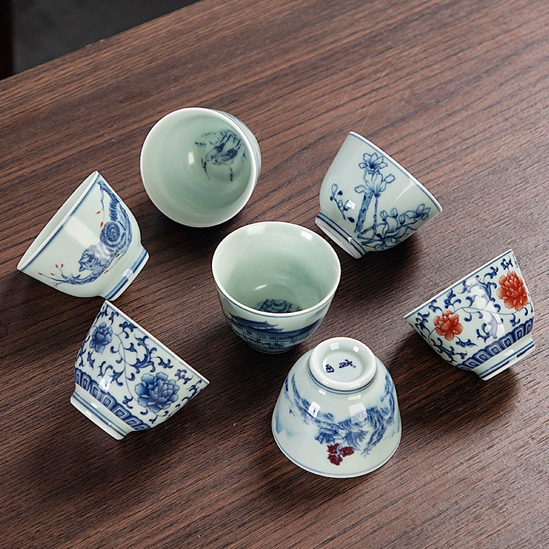 Tea cup, ceramic retro blue and white tea set for office