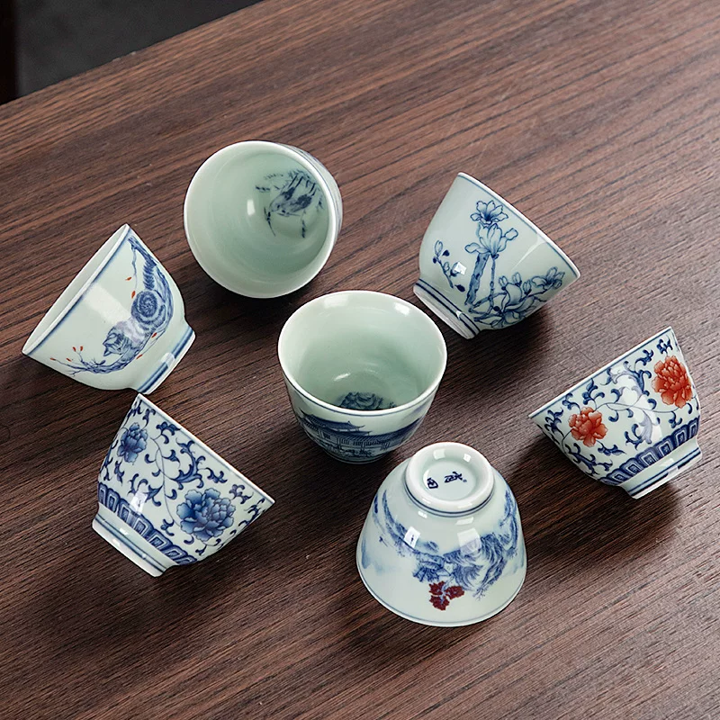 Tea cup, ceramic retro blue and white tea set for office