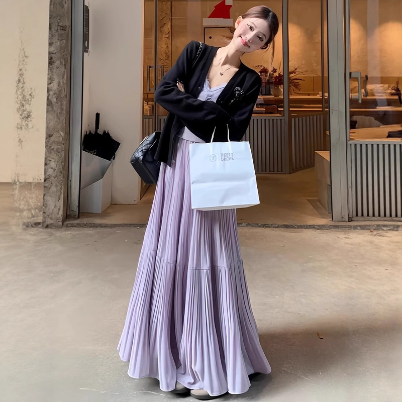 Purple Chiffon Skirt Women's Summer High-Waist Slim Umbrella Skirt Small Versatile Pleated A-Line Skirt Mid-Length A4358