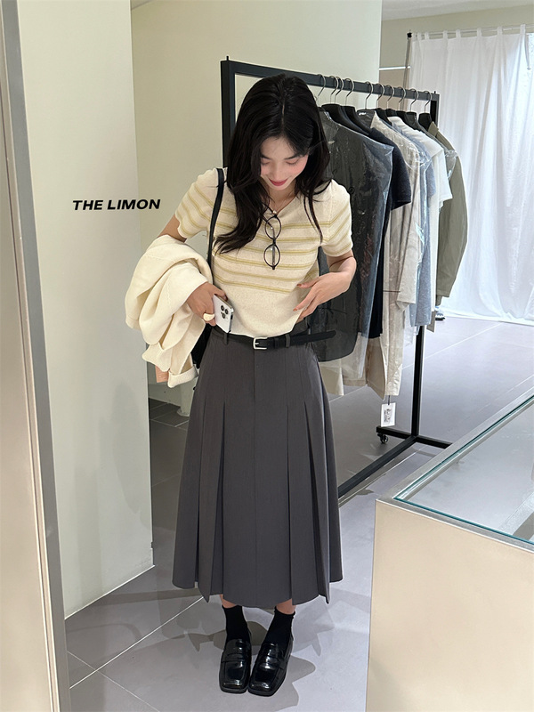 THE LIMON柠檬绿茶2025秋季设计感百褶显瘦西装料半身裙子(配腰带|undefined