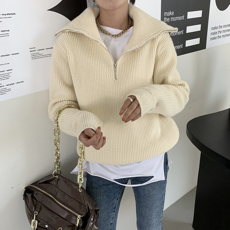 越境年秋冬新作ファスナーセーターニット女性はゆったりしています。|undefined