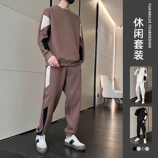 圆领无帽卫衣男春秋季潮牌美式长袖T恤高级感炸街休闲套装花白灰