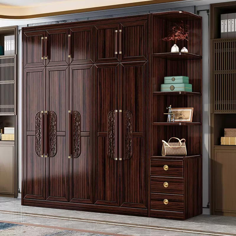 新中式中古风实木衣柜卧室储物衣橱柜子现代简约靠墙一体收纳家具
