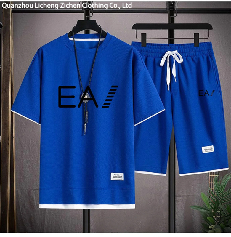 ワッフル半袖夏の Tシャツメンズカジュアルスポーツスーツ卸売ルーズフェイクツーピース半袖 Tシャツツーピースセット|undefined
