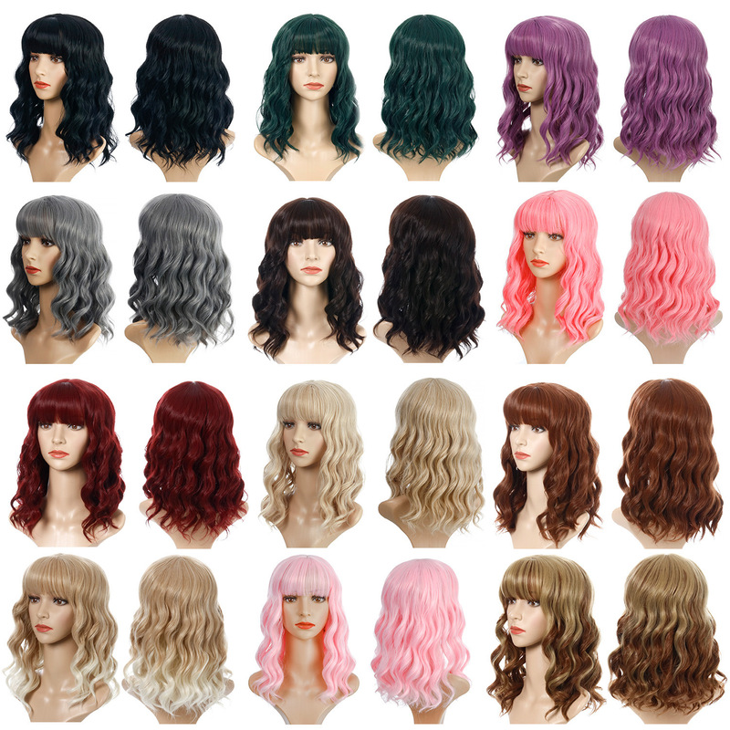 2021 Amazon Best Selling European and American Wig Women's Short Curly Hair Qi Bangs Chemical Fiber Headset Wig 15 Color Spot