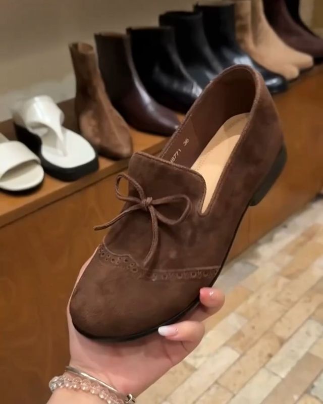 牛皮版~韩版真皮圆头平底小皮鞋女复古麂皮蝴蝶结布洛克单鞋女潮|undefined