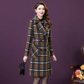 高品质减龄中年女气质格子中长款高端西装领呢子大衣女式毛呢外套