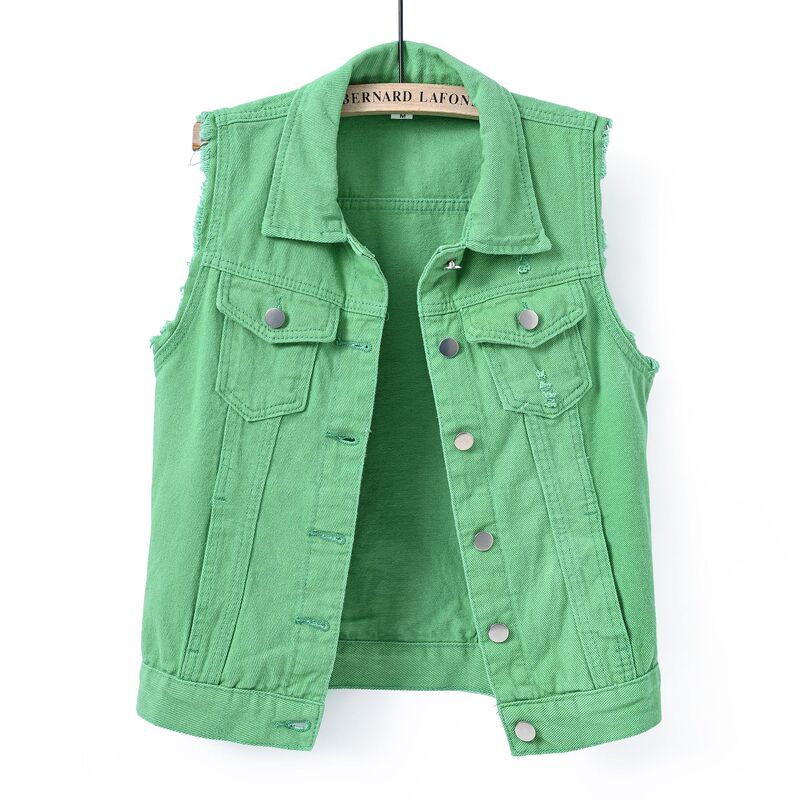 Multi-Color Denim Vest for Women, Plus Size, Spring and Summer, Slim Fit, Fringed, Sleeveless Jacket, Khaki Top
