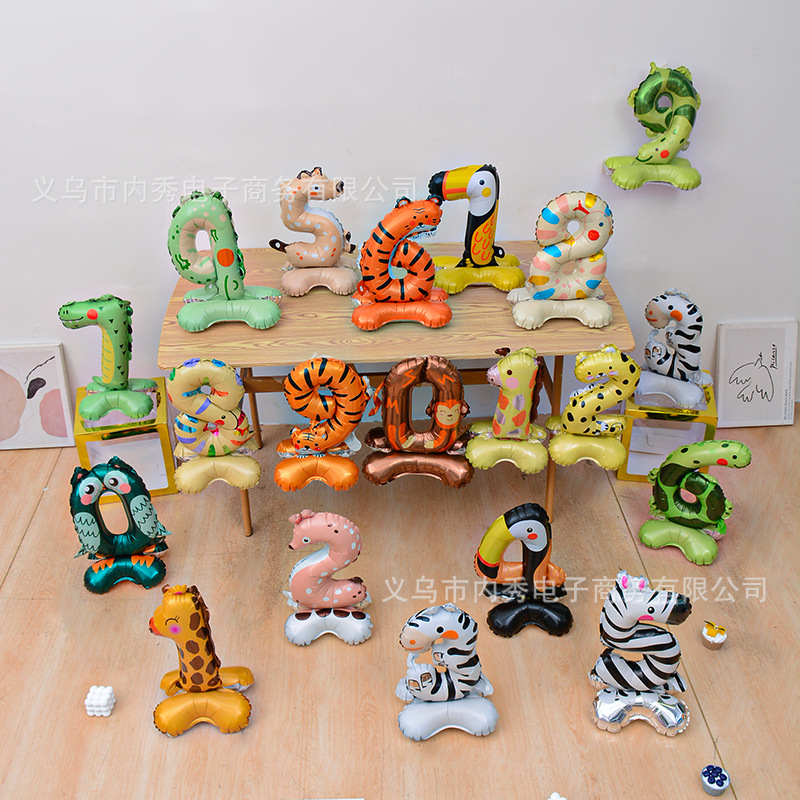 Transfronteriza nueva columna digital de animales de 23 pulgadas globo de aluminio forma de dibujos animados 0-9 decoración de diseño de escena de cumpleaños