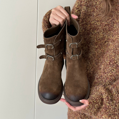 Sheepskin Version ~ Retro Fashion Leather Belt Buckle Western Cowboy Boots Slimming Short Boots for Women, Mauve Martin Boots, Biker Boots