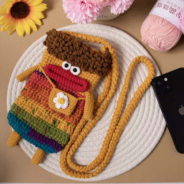 Handmade Crochet Cartoon Bag Finished Product, Pom-Pom Phone Bag, Cute Versatile Knitted Bag, Gradient Color Yarn Bag