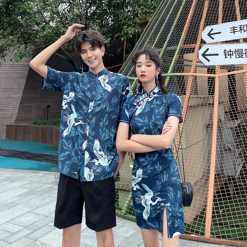 특별한 커플 원피스 여름 셔츠 수직 칼라 인기 중국식 크레인 셔츠 반팔 청삼 원피스