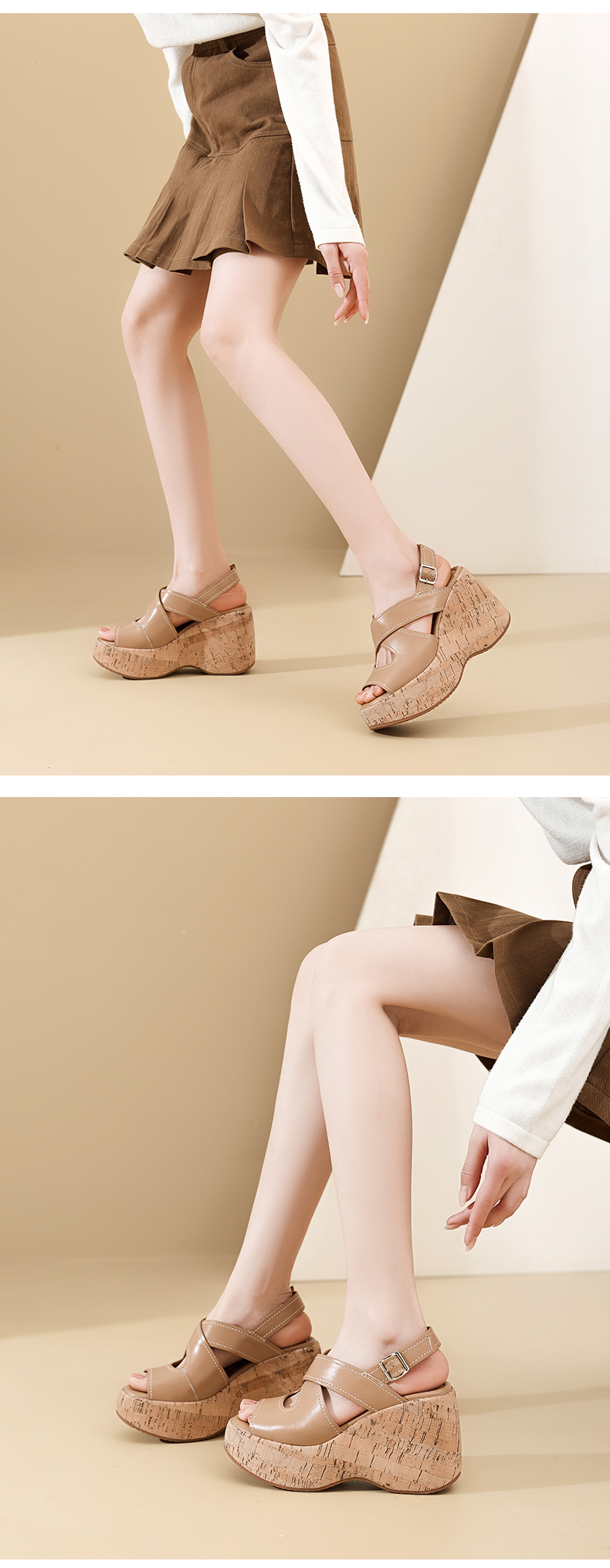 Sandal cao gót nữ hở mũi đế xuồng platform da bò thật quai chéo kiểu La Mã — màu đen, màu nâu nhạt chi tiết 7