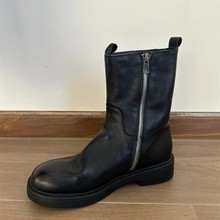 牛皮版~黑色短靴女2025秋冬新款加绒中跟骑士靴侧拉链中筒靴子