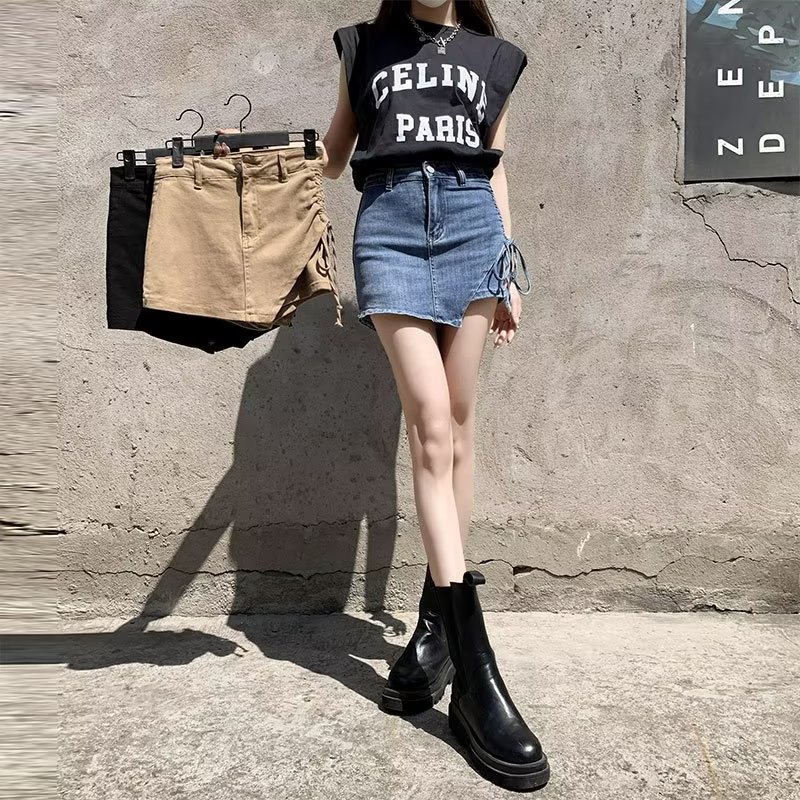 여름 새로운 디자인 drawstring 데님 짧은 치마 바지 여성 a 라인 스커트 높은 허리 슬리밍 뜨거운 소녀 힙 스커트 유행