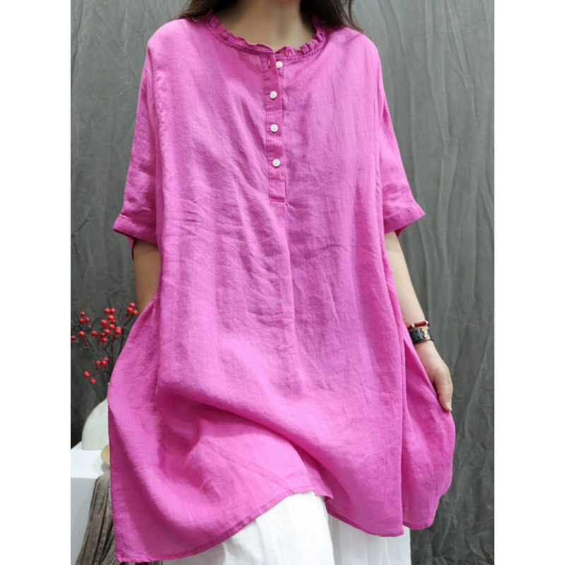 Лето 2025 новый ретро Рами свободная рубашка большого размера сплошная вышивка дикая рубашка куклы женская