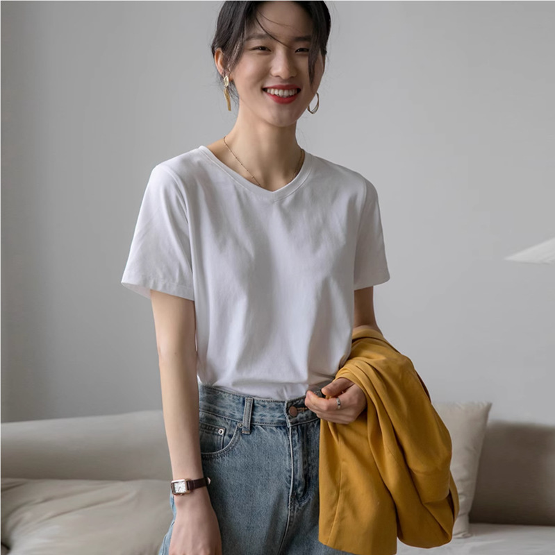 Women's cotton V-neck short-sleeved T-shirt, 2020 spring and summer New 220g shoulder base white half-sleeved top