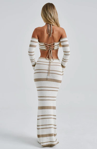 427g Weight Long Sleeve Sleeve Length Polyester Fabric Type Skirt Co-ord Set Sets Type 2 Pieces Set Quantity Holiday Occasion Halter Neck Neckline Comfort Function Regular Fit Fit Type Stripe Pattern Summer Season Women's Gender Streetwear Style Holiday Women's Streetwear Stripe Polyester Skirt Co-ord Set Skirt Sets 15