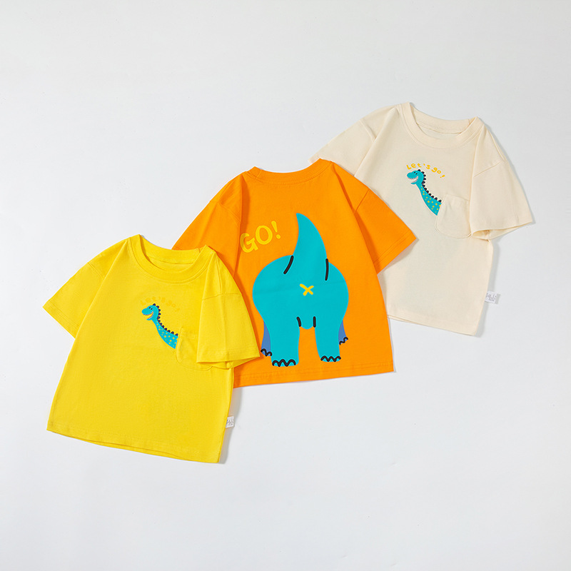 Ropa para niños coreanos Camiseta de manga corta para niños de verano Camiseta de bebé Camiseta de media manga Impresión delantera y trasera Bolsillo de dibujos animados Ropa de niño