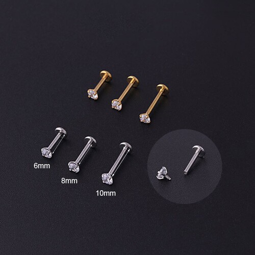 Flat-bottomed stainless steel labret stud with European and American style light luxury inner zirconia simple and personalized piercing lip ring jewelry
