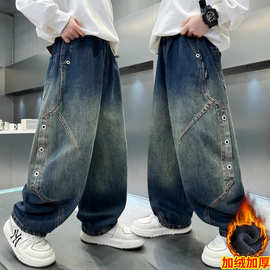 男童冬季加绒牛仔裤2025新款中大儿童运动休闲加厚保暖工装长裤子