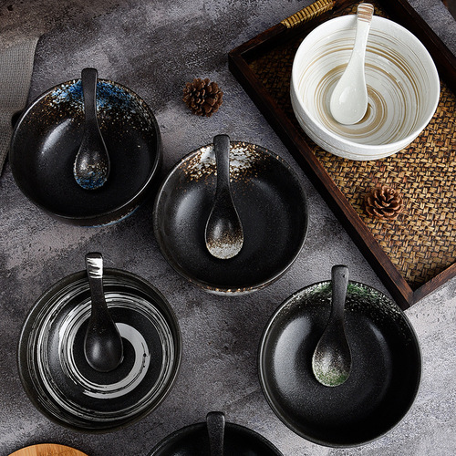 Japanese style instant noodle bowl with lid retro ceramic tableware salad bowl large rice bowl household beef noodle soup bowl wholesale