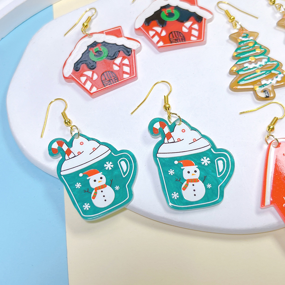 1 Pair Cute Ethnic Style Cartoon Character Christmas House Snowman Printing Arylic Drop Earrings display picture 1