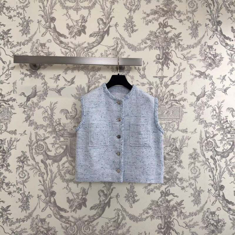 Shenzhen Nanyou Goods~26 Spring New Collection Chanel Style Light Mist Blue Tweed Vest Jacket for Women