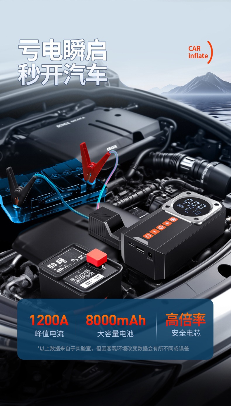 Tire Inflator and Emergency Jump Starter All-In-One Device 12V Car Battery Booster and Power Bank