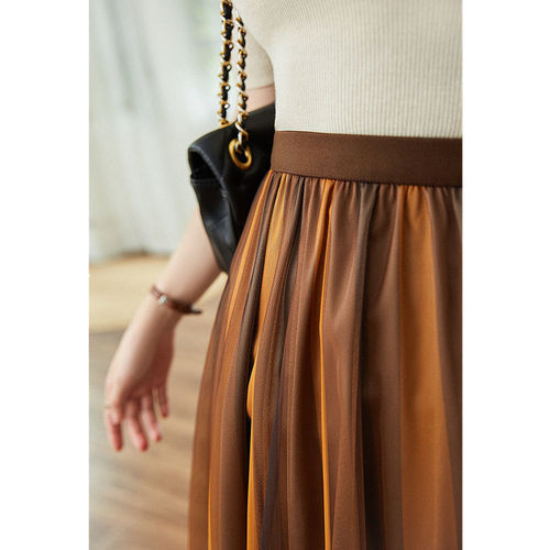 Elegant Parisian French A-line skirt retro contrasting piano key ladies elastic waist double-layer mesh skirt early autumn