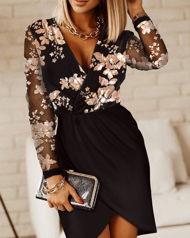 Slim Fit Type Solid Color Pattern Autumn Season Wholesale Women'S Sexy Patchwork Solid Color Banquet V Neck Long Sleeve Pencil Skirt