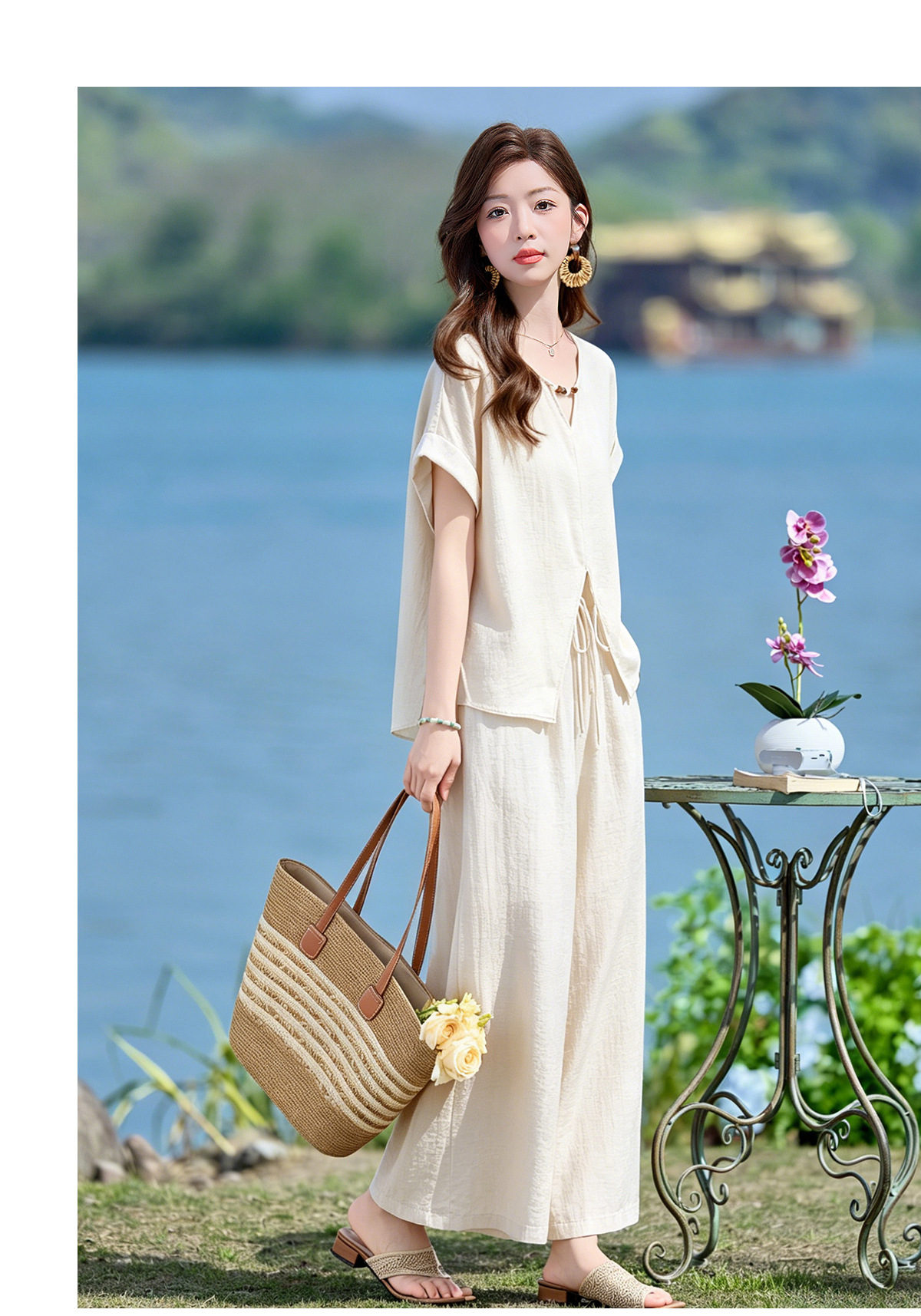 Bộ quần áo nữ hai mảnh gồm áo thun cổ V rộng và quần dài ống rộng phong cách tối giản — Cam đỏ, Màu cà phê nhạt, màu trắng ngà chi tiết 12