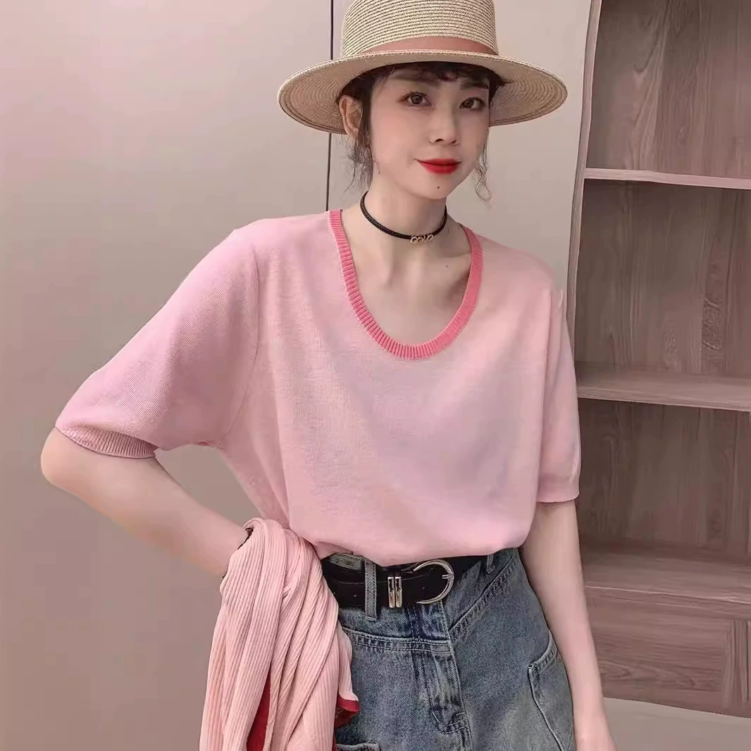 200 Jins женская одежда больших размеров U-образный воротник ледяной Шелковый вязаный свитер Летний Новый коллизионный модный вырез возрастная куртка с короткими рукавами