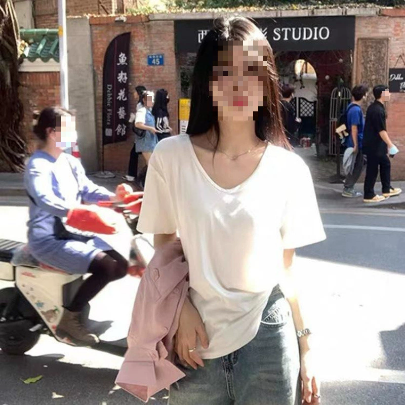 YS82025 летняя новая однотонная белая футболка с большим V-образным вырезом, свободная, эластичная, с коротким рукавом, женская свободная футболка