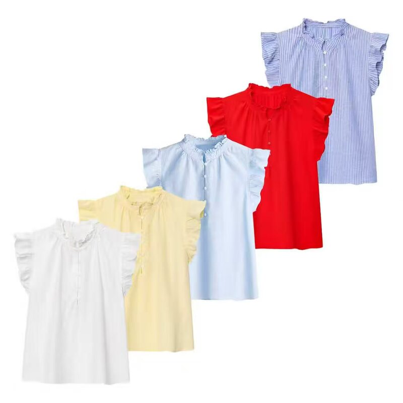 Summer 2023 New Style Versatile Design Loose Short Pullover Top with Ruffled Edges and Small Flutter Sleeves Women's Blouse