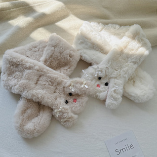 Long Ears Rabbit Sweet Bow Cross Fur Collar Scarf Women's Winter Warm fleece-lined Thickened Maomao Scarf