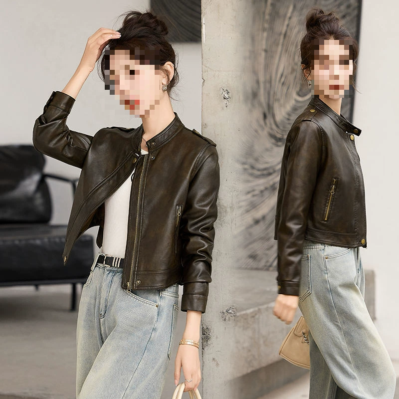 Крутая короткая кожаная куртка Z3J для женщин, новый весенне-осенний стиль, миниатюрная байкерская мода, кожаный воротник-стойка для похудения.