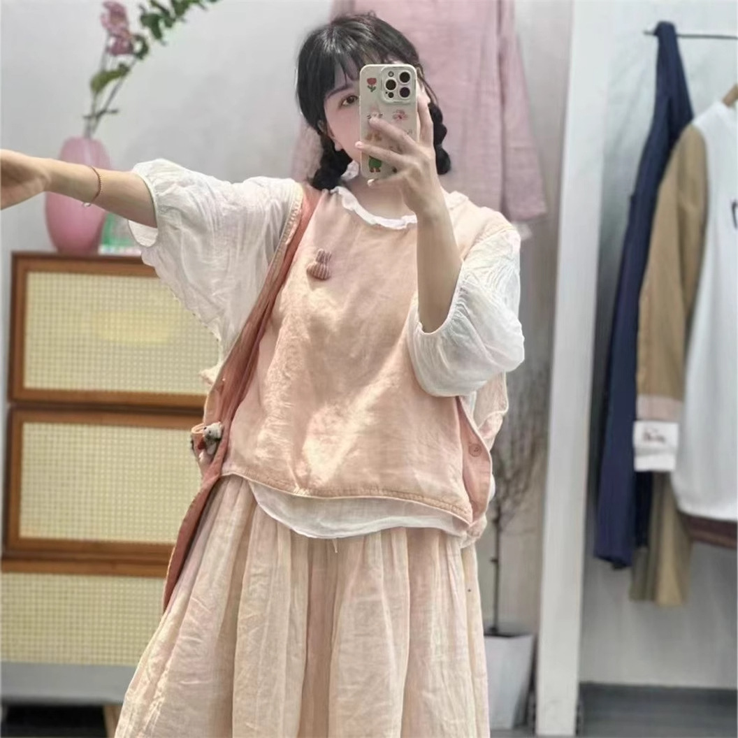 Simple Summer New Color-block Wrapping Ramie Loose Round Neck Vest Women's Stacked Mori Button Sleeveless Top