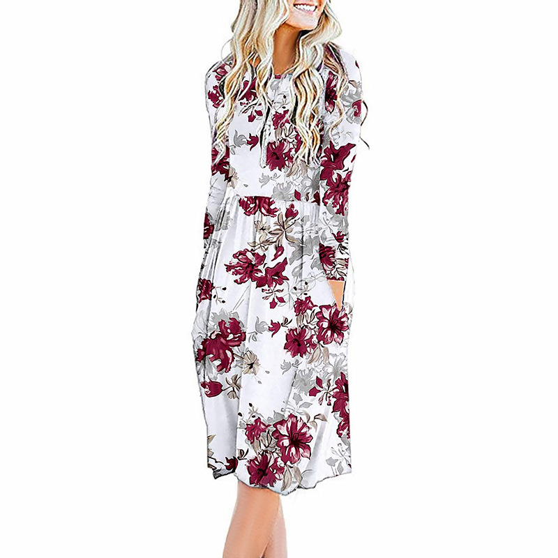 autumn and winter women s printed long-sleeved round neck waist dress nihaostyles clothing wholesale NSZH71388