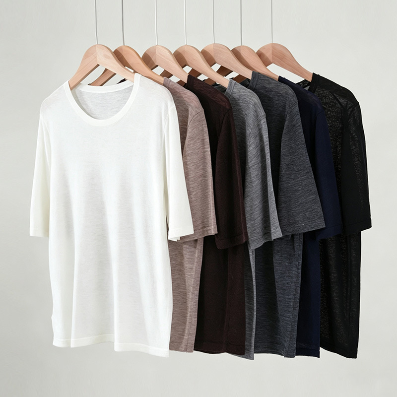 200-count water-soluble fine wool short-sleeved knit base layer shirt for women, summer round neck, solid color, loose and thin T-shirt top